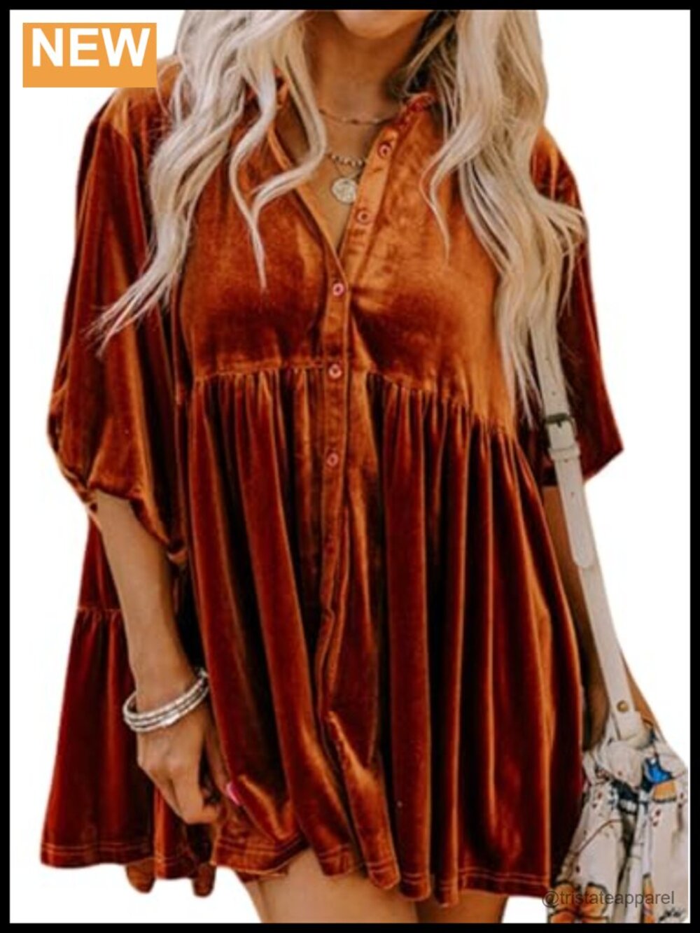 Womens Velvet Babydoll Tunic Dress 3/4 Sleeve Button Down Casual
